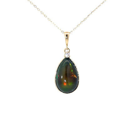 Black Ethiopian Opal Bezel Set Pendant Necklace with diamond accent