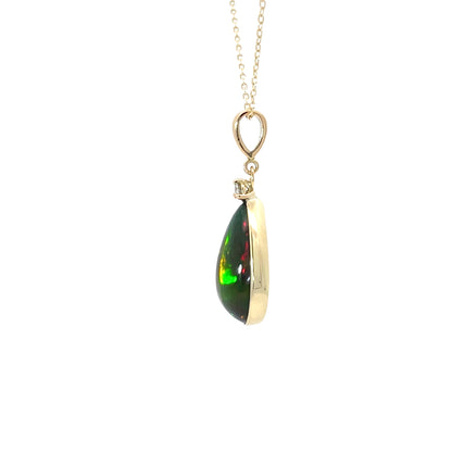 Black Ethiopian Opal Bezel Set Pendant Necklace with diamond accent