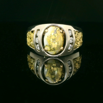Mans Gold Quartz, Nugget and Diamond Ring, featuring Rare, Natural Gold Veined Quartz.