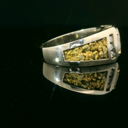 Mans Gold Quartz, Nugget and Diamond Ring, featuring Rare, Natural Gold Veined Quartz.