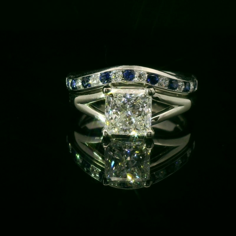 "The Candi” Princess Diamond E-Ring with Sapphire & Diamond Wedding Band