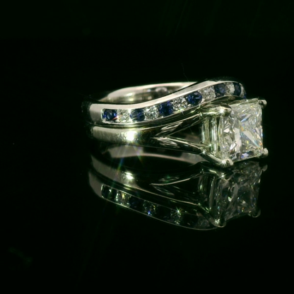 "The Candi” Princess Diamond E-Ring with Sapphire & Diamond Wedding Band