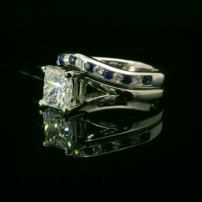 "The Candi” Princess Diamond E-Ring with Sapphire & Diamond Wedding Band