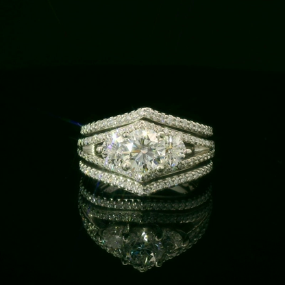 White Gold Multi-Diamond Ring with Diamond Chevron Bands