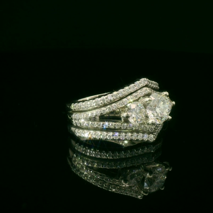 White Gold Multi-Diamond Ring with Diamond Chevron Bands