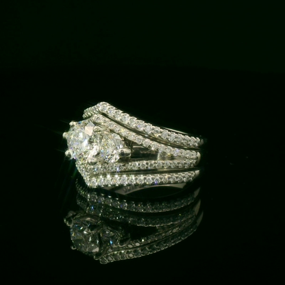 White Gold Multi-Diamond Ring with Diamond Chevron Bands