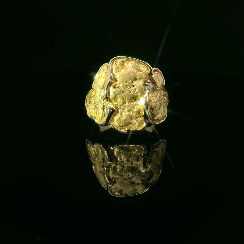 Natural Gold Nugget Ring with a Round Cut Diamond Accent