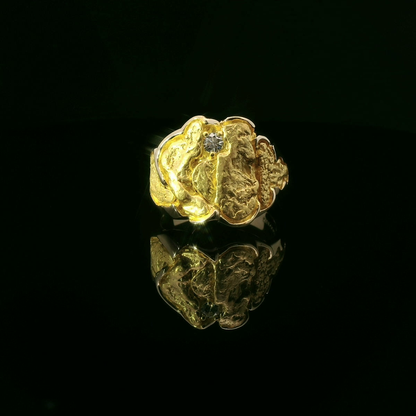 Gold Nugget Ring with Round Brilliant Cut Diamond