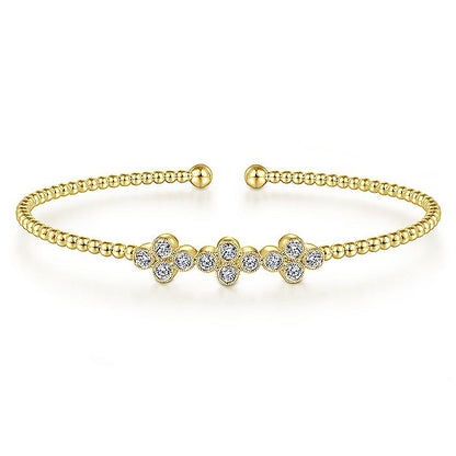 Gabriel & Co. BG4115-62Y45JJ 14K Yellow Gold Bujukan Bead Cuff Bracelet with Three Quatrefoil Diamond Stations