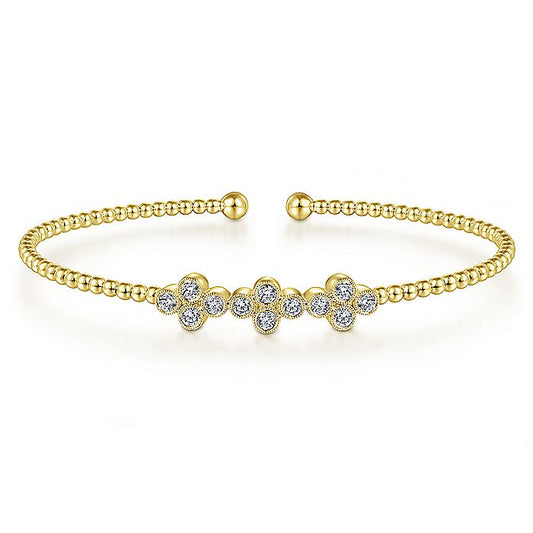 Gabriel & Co. BG4115-62Y45JJ 14K Yellow Gold Bujukan Bead Cuff Bracelet with Three Quatrefoil Diamond Stations