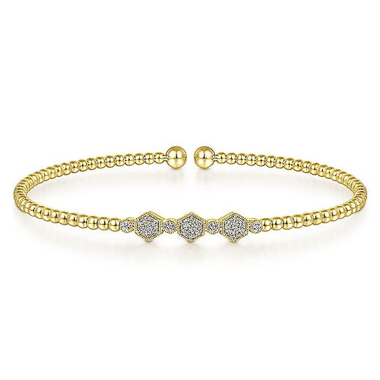 Gabriel & Co. BG4117-62Y45JJ 14K Yellow Gold Bujukan Bead Cuff Bracelet with Cluster Diamond Hexagon Stations