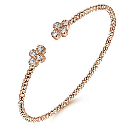 Gabriel & Co. BG4124-62K45JJ 14K Rose Gold Bujukan Bead Split Cuff Bracelet with Quatrefoil Diamond Endcaps
