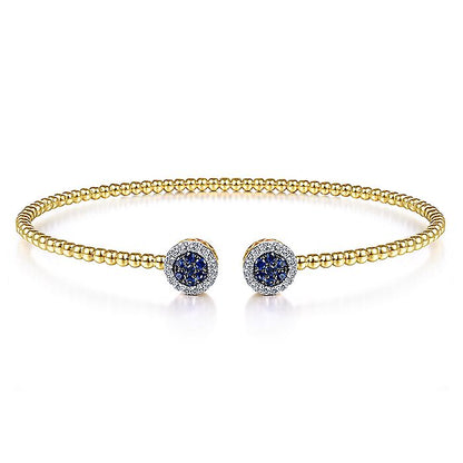Gabriel & Co. BG4244-62Y45SA 14K Yellow Gold Bujukan Bead Cuff Bracelet with Sapphire and Diamond Halo Caps