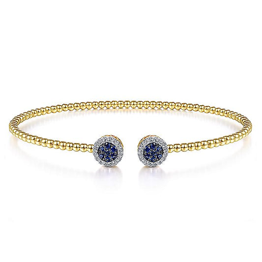 Gabriel & Co. BG4244-62Y45SA 14K Yellow Gold Bujukan Bead Cuff Bracelet with Sapphire and Diamond Halo Caps