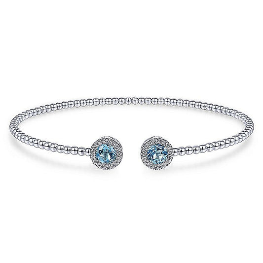 Gabriel & Co. BG4245-62W45BT 14K White Gold Round Blue Topaz and Diamond Halo Bujukan Bangle