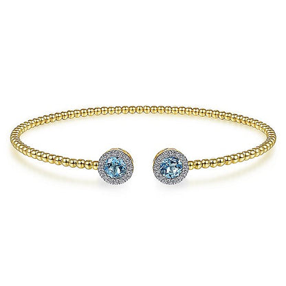 Gabriel & Co. BG4245-62Y45BT 14K Yellow Gold Round Blue Topaz and Diamond Halo Bujukan Bangle