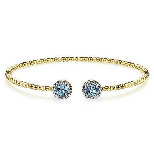 Gabriel & Co. BG4245-62Y45BT 14K Yellow Gold Round Blue Topaz and Diamond Halo Bujukan Bangle
