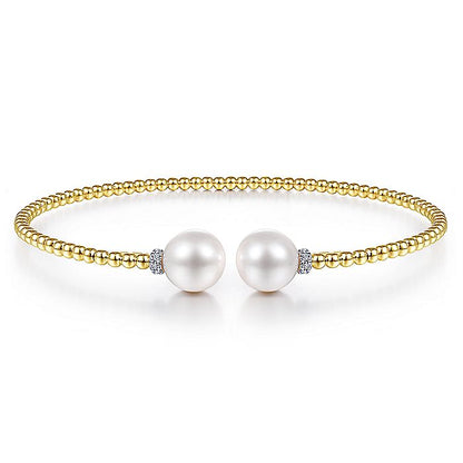 Gabriel & Co. BG4247-62Y45PL 14K Yellow Gold Bujukan Bead Split Bracelet with Pearl and Diamond Caps