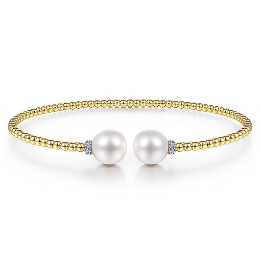 Gabriel & Co. BG4247-62Y45PL 14K Yellow Gold Bujukan Bead Split Bracelet with Pearl and Diamond Caps