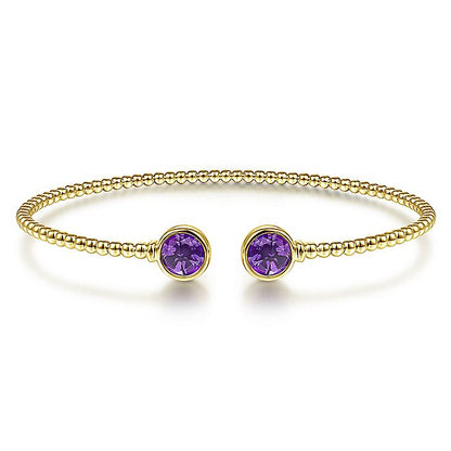 Gabriel & Co. BG4252-62Y4JAM 14K Yellow Gold Bujukan Bead Cuff Bracelet with Bezel Set Round Amethyst