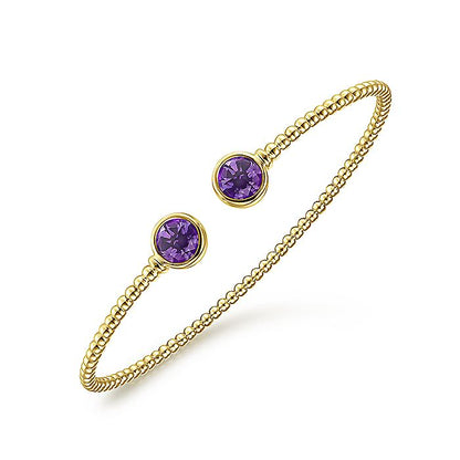 Gabriel & Co. BG4252-62Y4JAM 14K Yellow Gold Bujukan Bead Cuff Bracelet with Bezel Set Round Amethyst