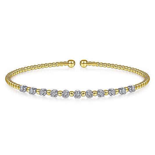 Gabriel & Co. BG4279-62M45JJ 14K Yellow Gold Bujukan Split Cuff Bracelet with Round White Gold Diamond Stations in size 6.25