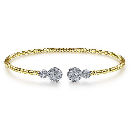 Gabriel & Co. BG4342-62M45JJ 14K White&Yellow Gold Bujukan Bead Split Cuff with Round Diamond Pavé Caps
