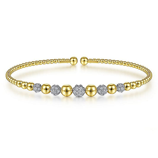 Gabriel & Co. BG4362-62M45JJ 14K Yellow-White Gold Bujukan Cuff Bracelet with Pave Diamond Stations in size 6.25