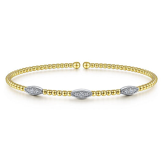 Gabriel & Co. BG4437-62M45JJ 14K White-Yellow Gold Bujukan Bead Cuff Bracelet with Diamond Filled Marquise Stations