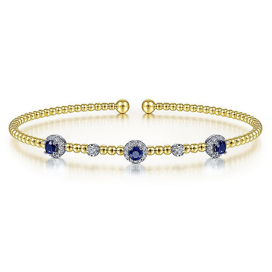 Gabriel & Co. BG4438-62M45SA 14K White-Yellow Gold Bujukan Bead Cuff Bracelet with Sapphire and Diamond Halo Stations