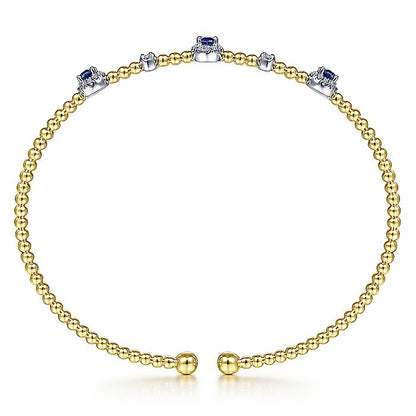 Gabriel & Co. BG4438-62M45SA 14K White-Yellow Gold Bujukan Bead Cuff Bracelet with Sapphire and Diamond Halo Stations