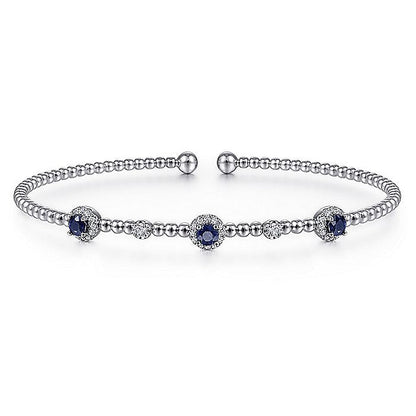 Gabriel & Co. BG4438-62W45SA 14K White Gold Bujukan Bead Cuff Bracelet with Sapphire and Diamond Halo Stations