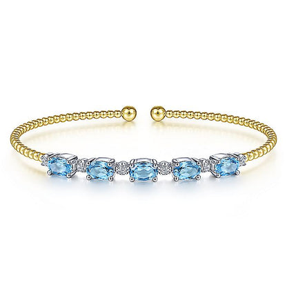 Gabriel & Co. BG4448-62M45BT 14K White-Yellow Gold Bujukan Bead Cuff Bracelet with Blue Topaz and Diamond Stations