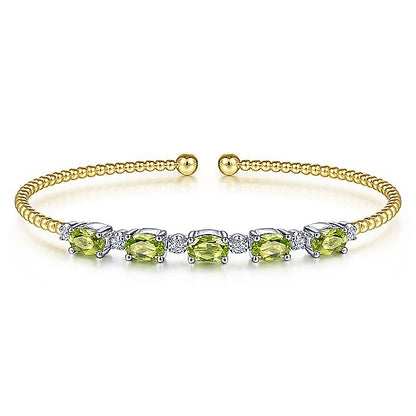 Gabriel & Co. BG4448-62M45PE 14K White-Yellow Gold Bujukan Bead Cuff Bracelet with Peridot and Diamond Stations