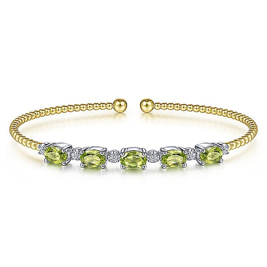 Gabriel & Co. BG4448-62M45PE 14K White-Yellow Gold Bujukan Bead Cuff Bracelet with Peridot and Diamond Stations