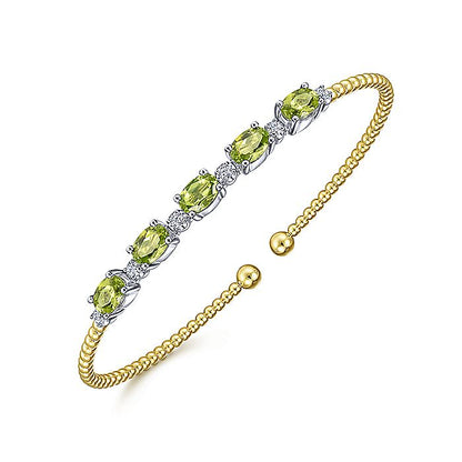 Gabriel & Co. BG4448-62M45PE 14K White-Yellow Gold Bujukan Bead Cuff Bracelet with Peridot and Diamond Stations