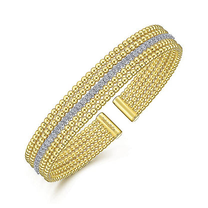 Gabriel & Co. BG4449-62M45JJ Wide 14K White-Yellow Gold Bujukan Bead Cuff Bracelet with Inner Diamond Channel