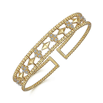 Gabriel & Co. BG4615-62Y45JJ 14K Yellow Gold Bujukan Bead Cuff Bracelet with Inner Diamond Cluster and Gold Pyramid Connectors.