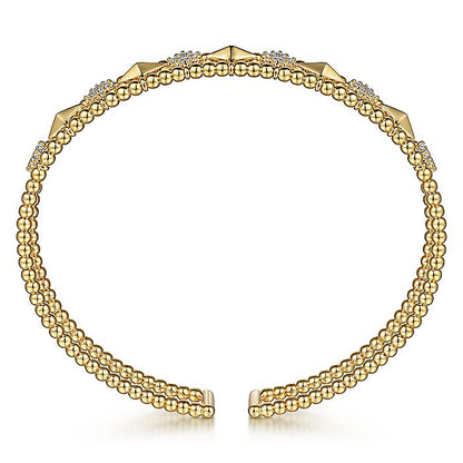 Gabriel & Co. BG4615-62Y45JJ 14K Yellow Gold Bujukan Bead Cuff Bracelet with Inner Diamond Cluster and Gold Pyramid Connectors.
