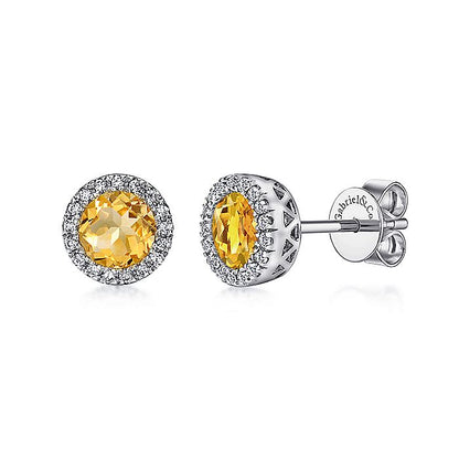 Gabriel & Co. EG11000W45CT 14K White Gold Round Halo Citrine and Diamond Stud Earrings