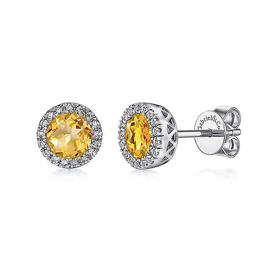 Gabriel & Co. EG11000W45CT 14K White Gold Round Halo Citrine and Diamond Stud Earrings