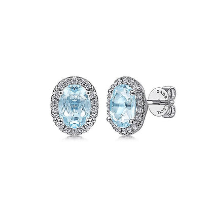 Gabriel & Co. EG11601W45AQ 14K White Gold Oval Halo Aquamarine and Diamond Stud Earrings