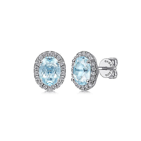 Gabriel & Co. EG11601W45AQ 14K White Gold Oval Halo Aquamarine and Diamond Stud Earrings
