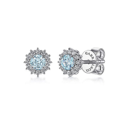 Gabriel & Co. EG11819W45AQ 14K White Gold Round Halo Aquamarine and Diamond Stud Earrings