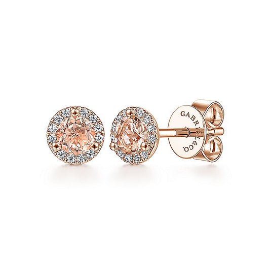 Gabriel & Co. EG12372K45MO 14K Rose Gold Round Morganite and Diamond Halo Stud Earring