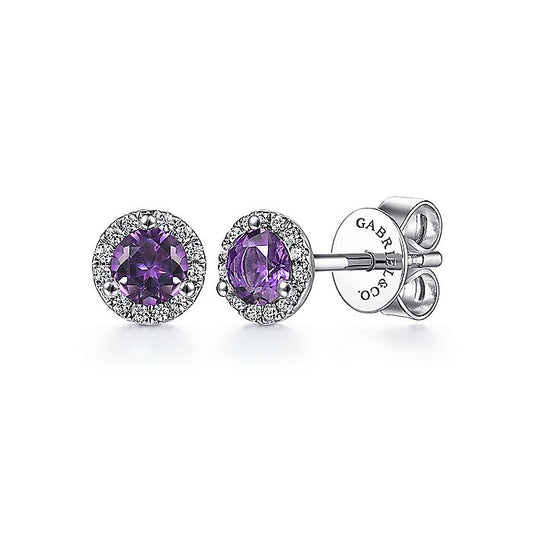 Gabriel & Co. EG12372W45AM 14K White Gold Round Amethyst and Diamond Halo Stud Earring