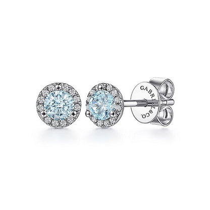 Gabriel & Co. EG12372W45AQ 14K White Gold Round Halo Aquamarine and Diamond Stud Earring