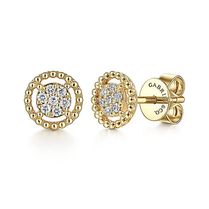 Gabriel & Co. EG13355Y45JJ 14K Yellow Gold Beaded Round Frame Diamond Cluster Stud Earrings