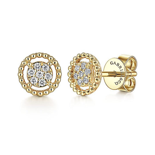Gabriel & Co. EG13355Y45JJ 14K Yellow Gold Beaded Round Frame Diamond Cluster Stud Earrings