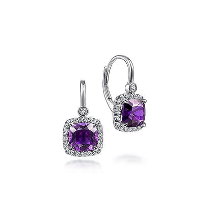 Gabriel & Co. EG13953W45AM 14K White Gold Cushion Cut Amethyst and Diamond Halo Drop Earrings